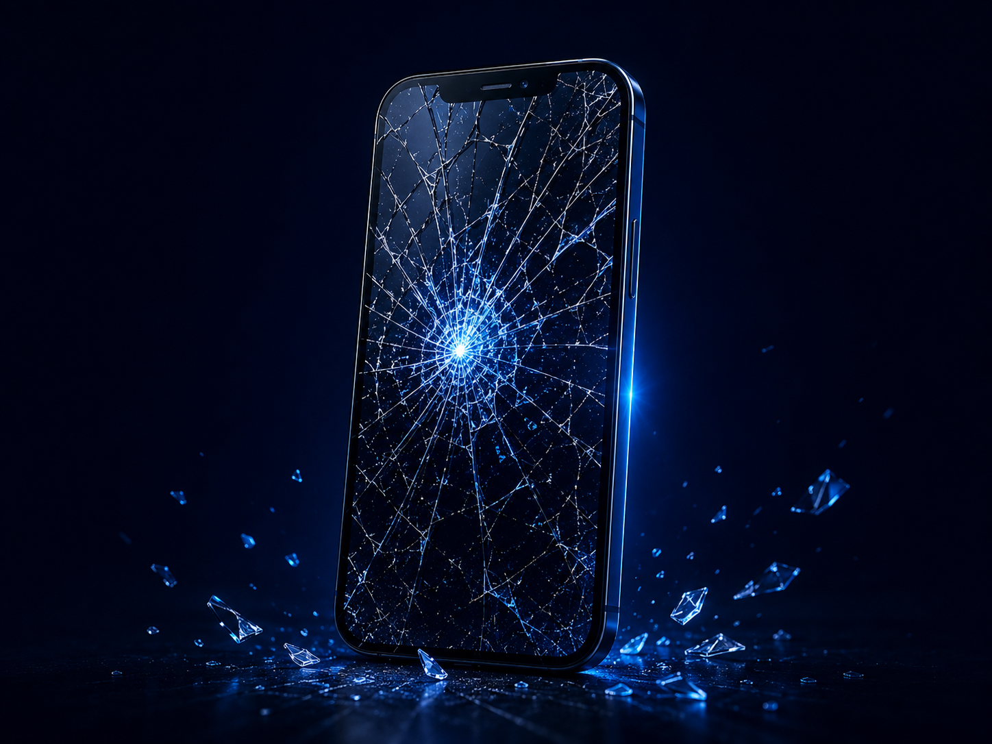 Cracked iPhone screen with blue lighting